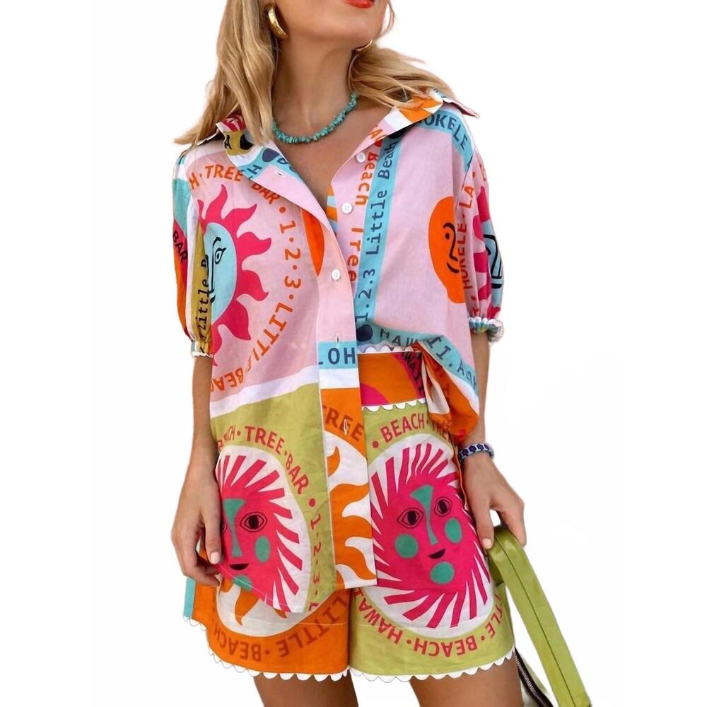 NEW WILLOWS lace trim shirt and short set in pink multi